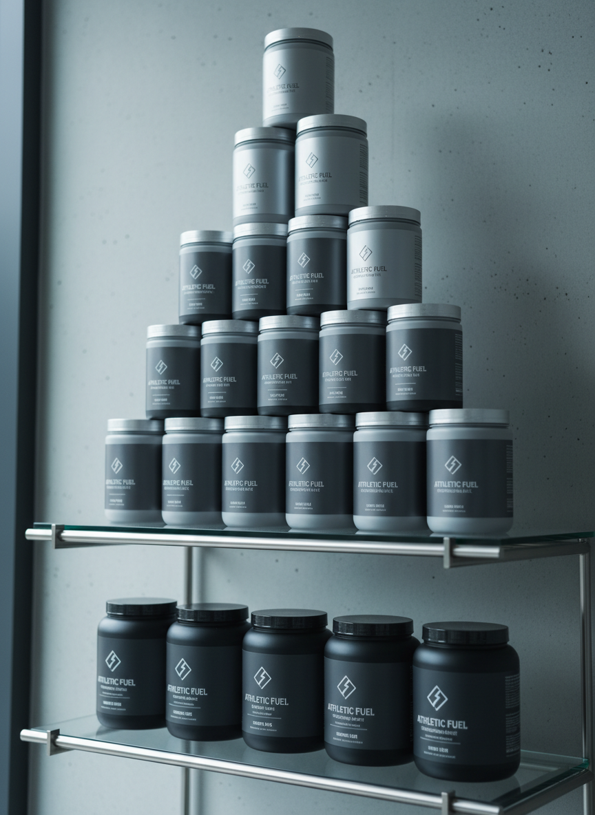 A perfectly arranged stack of matte-finish sports supplement containers in a balanced gradient of neutral grays and silvers, featuring minimalistic branding and crisp label typography. Placed on a sleek, reflective glass shelving unit with clean lines and subtle brushed steel supports. Soft, even daylight enters from an unseen window, creating gentle highlights along the edges and understated shadows beneath. The background is an uncluttered, smooth concrete wall with cool undertones. Composed at eye-level with a slight angle to showcase product variety, the sharp focus and structured layout evoke professionalism and a sense of trust. The image embodies photographic realism with a sophisticated, corporate, and modern aesthetic, perfectly befitting a premier sports supplement store.